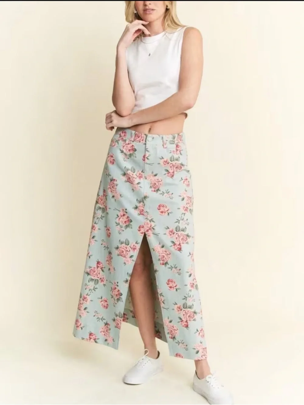 NIP Jade By Jane Floral Print Denim Maxi Skirt - Picture 1 of 6